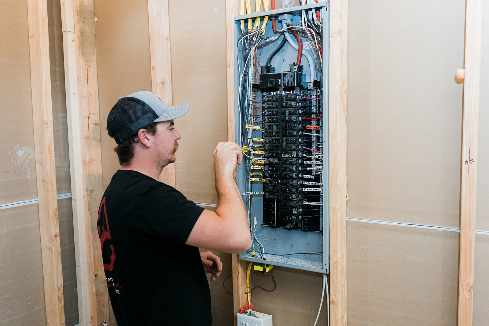 Man performing a professional electrical inspection in a utility room