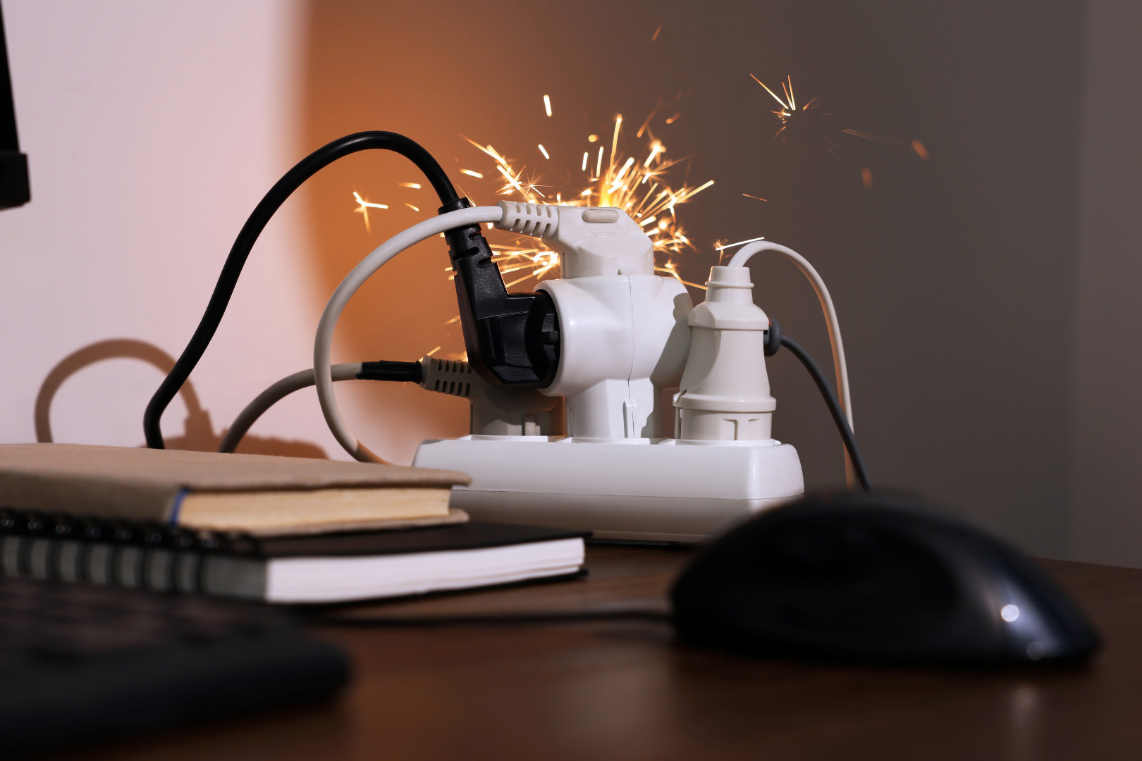 Close-up of an overloaded power strip on a desk with multiple plugs and cords, sparking dangerously, illustrating a serious electrical hazard.